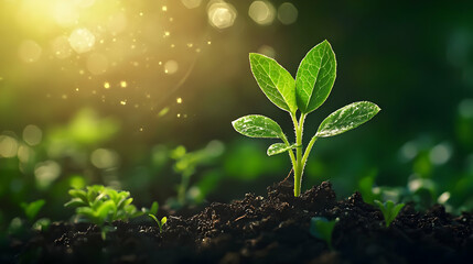 Vibrant Green Seedling Emerging from Dark Soil in Sunlight
