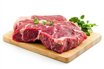 Raw beef steaks cutting board herbs white background cooking