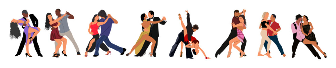 Dancing People, Dancer Bachata, Salsa, Flamenco, Tango, Latina Dance. Set of people in different dance poses. Cartoon style flat vector illustrations isolated on white background.