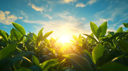 Vibrant Green Tea Leaves at Sunrise