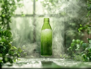 Green Glass Bottle with Sparkling Liquid Misty Nature Background Eco Friendly Product