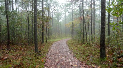 Fototapeta premium Misty Forest Path Tranquil Autumn Walk Through Woods