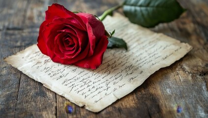 Red rose atop antique letter, wooden background, romantic message
