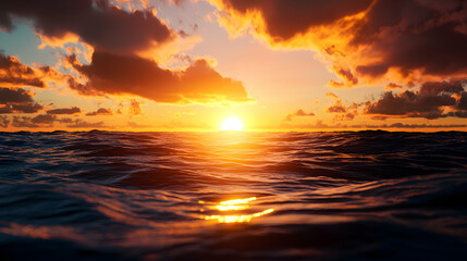 Fototapeta premium Vibrant Orange Sunset Over Calm Ocean Water