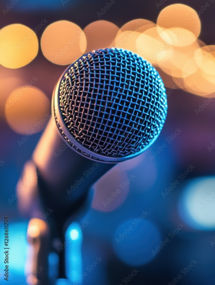 Leinwandbilder close up of a microphone set against a colorful bokeh backdrop in a performance venue during a live 