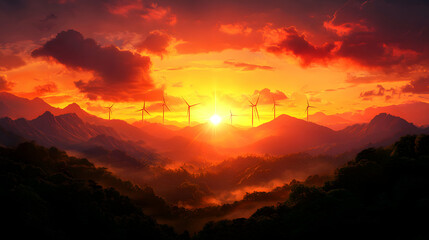 Vibrant Orange Sunset Over Misty Mountains