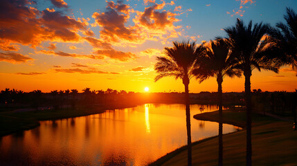 Vibrant Orange Sunset Over Lake with Silhouetted Palm Trees