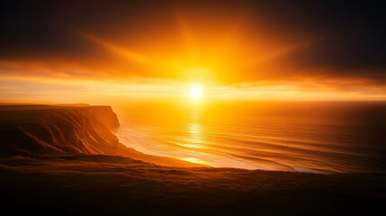 Vibrant Orange Sunset Over Ocean Cliff Coastline
