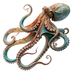 Obraz premium Colorful octopus gracefully swimming through coral reef in a vibrant underwater environment during sunny daylight