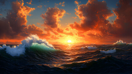 Vibrant Orange Sunset Over Ocean Waves and City Lights