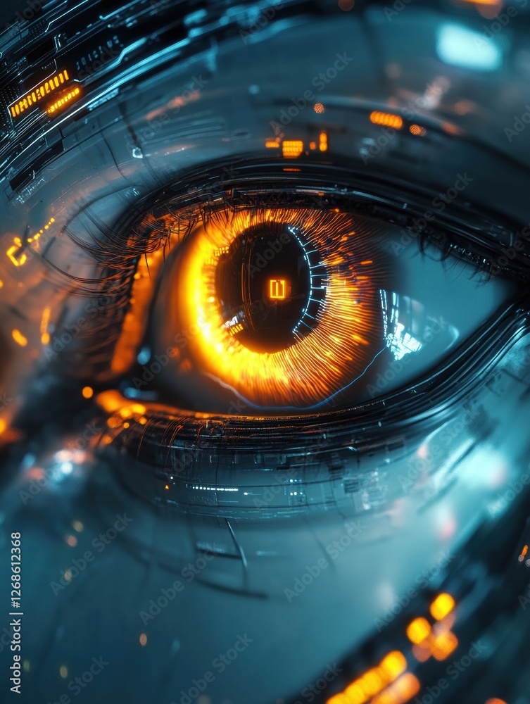 Aufkleber Close up of a futuristic robotic eye glowing softly among intricate circuits in a high tech environment. Generative AI