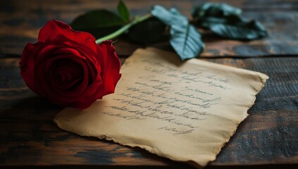 Red rose, love letter, wooden table, dark background, romance (1)