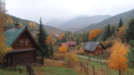 Obraz premium Mountain Village Autumn Log Cabins Scenic View