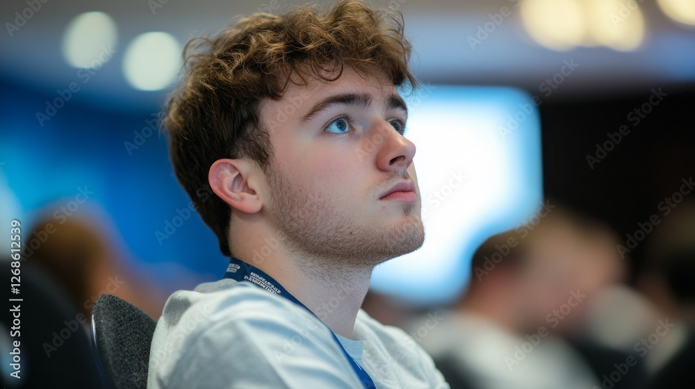 Poster a young man sits in concentration at a conference, absorbing knowledge from the speaker. his focused