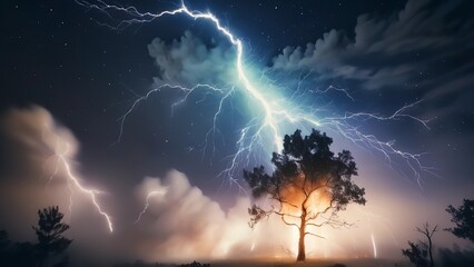 a lightning strikes across the sky from a tree in a field at night time in this composite image