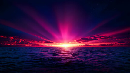 Vibrant Pink And Purple Sunset Over Dark Ocean