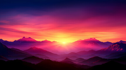 Fototapeta premium Vibrant Pink and Purple Sunset Over Majestic Mountains