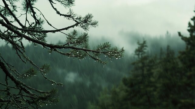 Rain on pine branch, misty mountain forest, tranquil nature scene. Perfect for websites, travel blogs
