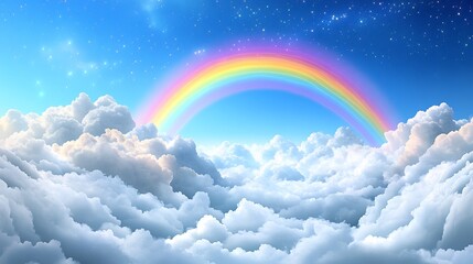 Heavenly rainbow arcs gently over fluffy clouds soft light bathes pastel scene. AI Generated