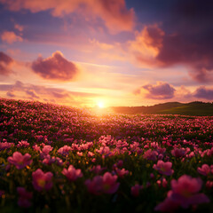 Naklejka premium Vibrant Pink Flower Field at Sunset