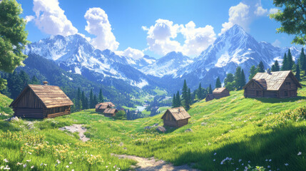 Alpine village nestled in valley, majestic mountains backdrop, sunny day, idyllic travel scene