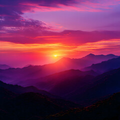 Obraz premium Vibrant Purple And Orange Sunset Over Silhouetted Mountains