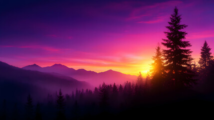 Vibrant Purple and Orange Sunset over Misty Mountain Forest