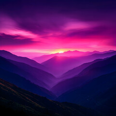 Fototapeta premium Vibrant Purple and Pink Sunset Over Majestic Mountain Range