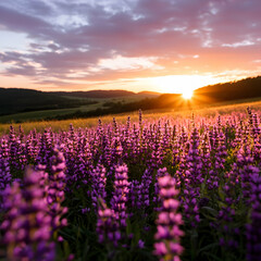 Naklejka premium Vibrant Purple Lavender Field at Sunset
