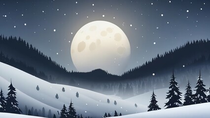 Naklejka premium a large moon and trees are seen over the snow covered hill at night time of this scene