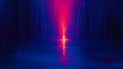 Fototapeta premium Vibrant pink light illuminates dark blue water scene mysterious forest backdrop. AI Generated