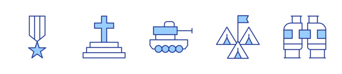 binoculars, flanders, medal, tank, tent. War Icon vector illustration. Line Duotone style. Editable stroke