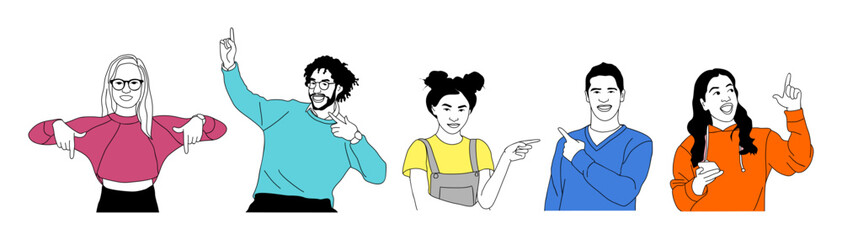 Different People pointing to the side, up and down with fingers. Happy excited men, women showing , presenting goods or services. Korean, japanese, asian cartoon style outline vector drawing isolated.