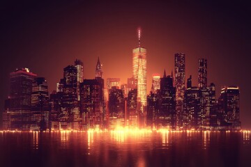 Obraz premium New york city skyline glows with warm light at night