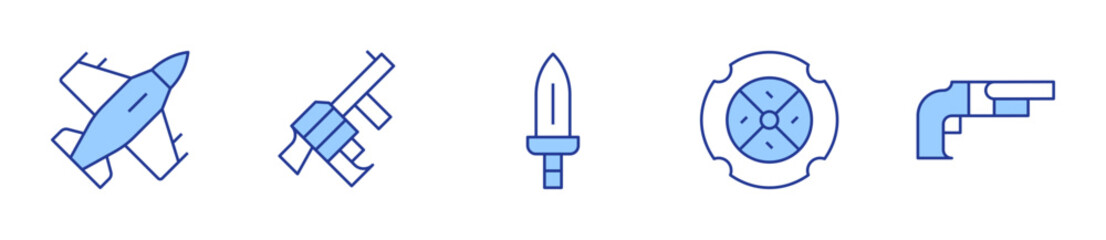 fighter jet, grenade launcher, knife, shield, shotgun. War Icon vector illustration. Line Duotone style. Editable stroke