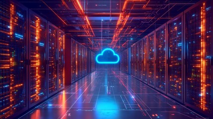 Vibrant neon lights illuminate futuristic server room showcasing cloud computing power. AI Generated