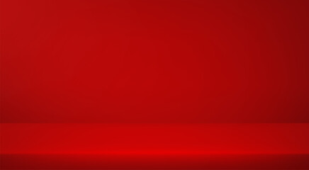 Obraz premium Red studio background. Empty Room Studio with table. Space for selling products, backdrop, wallpaper, background, text. Vector illustration.