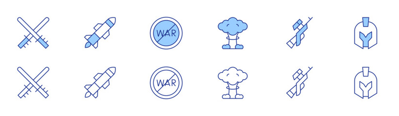 War icon set in two styles, Duotone and Thin Line style. Editable stroke. explosion, light saber, missile, no war, sniper, spartan