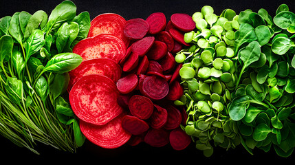 Fototapeta premium Vibrant Red Beetroot and Green Leafy Vegetables on Dark Background