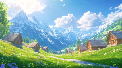 Sunny Alpine village, wildflowers, mountains. Ideal for travel brochures