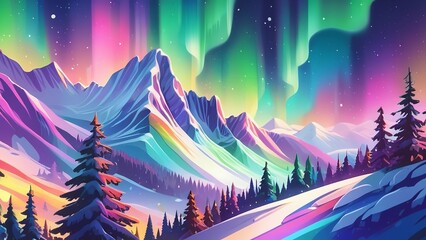 a brightly colored landscape with snow, mountains, and trees under the lights of the aurora bore