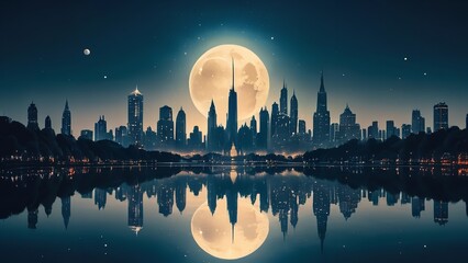 the moon is setting on the water with lights from buildings in the background, and buildings reflected
