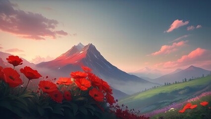 a red mountain range with lots of flowers in it as seen from below, during sunset