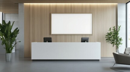 corporate branding identity logo display white blank frame mockup with modern business offices reception background as banner with copy space area mock up