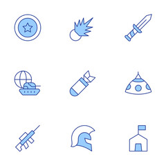 War icons set. Line Duotone style, editable stroke. bomb, helmet, missile, shield, sniper rifle, spartan, sword, tent, world war