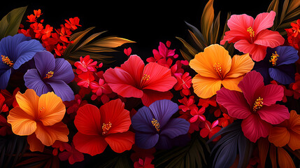Vibrant Red Orange Purple Hibiscus Flowers Dark Background