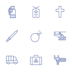 War icons set. Thin Line style, editable stroke. army, bomb, case, helicopter, machine gun, smoke grenade, sword, truck, flanders