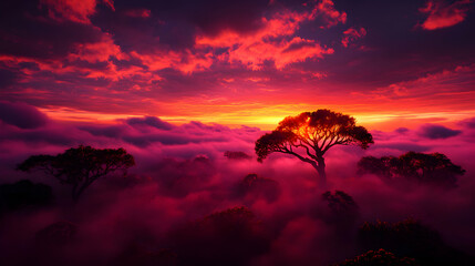 Obraz premium Vibrant Red Sunset Over Foggy Forest