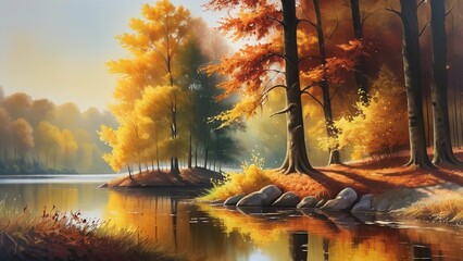 a painting of autumn trees by water and a pond with ducks in it's reflection