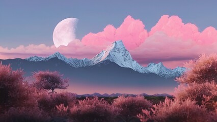 a mountain in the background with pink clouds and sky above it with full moon rising